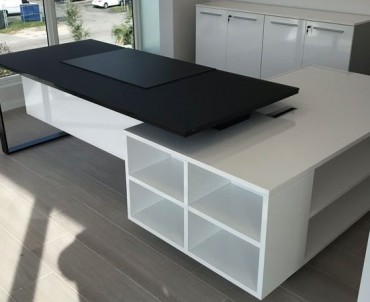 In Stock Combination | Planeta Black Glass Desk and White Service Unit Installed in Doral, FL