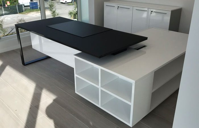 In Stock Combination | Planeta Black Glass Desk and White Service Unit Installed in Doral, FL