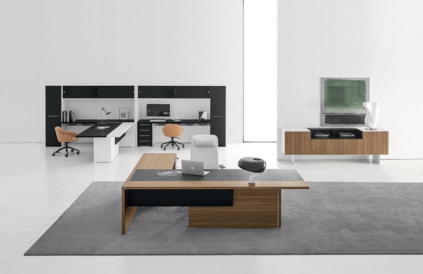 L Shaped Office Furniture Desk Black and Walnut