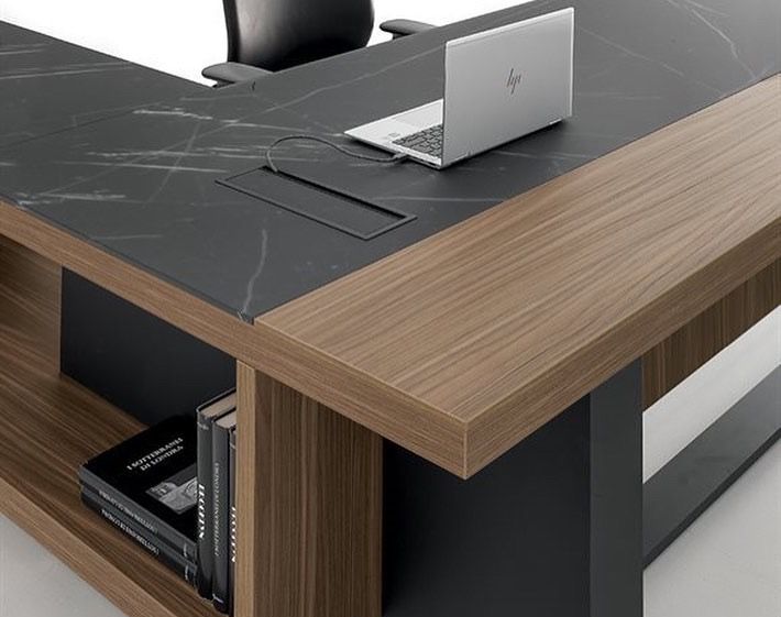 Marble-effect desk top close-up